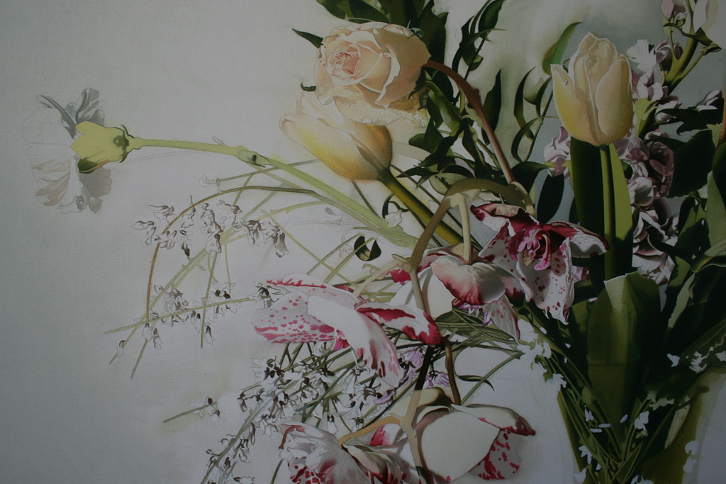 natura morta, dipinto iperrealista vaso fiori